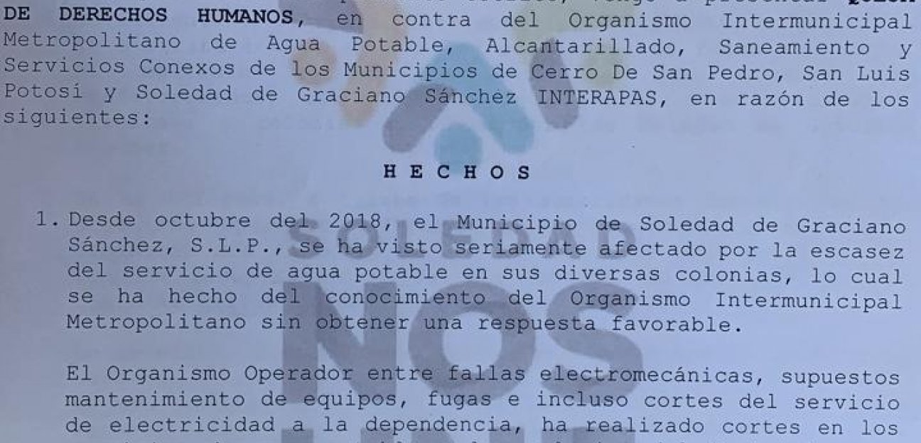 Alcaldía de Soledad presenta queja formal contra Interapas ante la CEDH